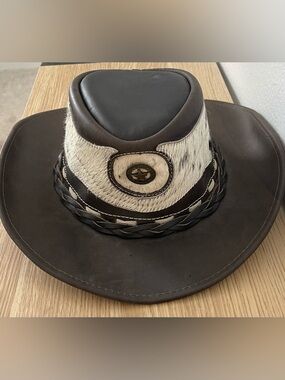 Handmade Brown Leather and Cowhide Western Hat with Braided Band